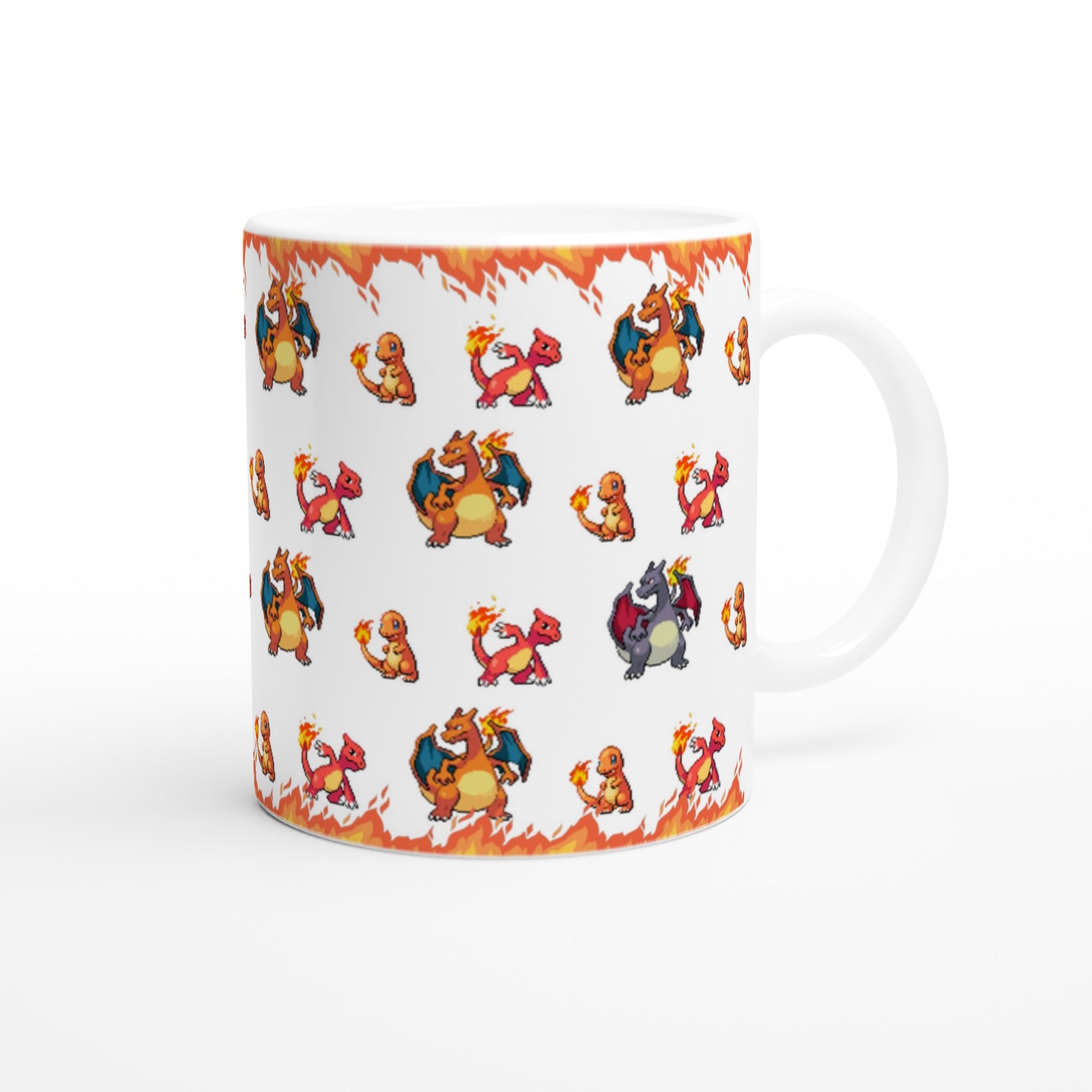 White mug featuring a fire-themed design with pixel art of Charmander, Charmeleon, Charizard, and shiny Charizard, surrounded by flames.