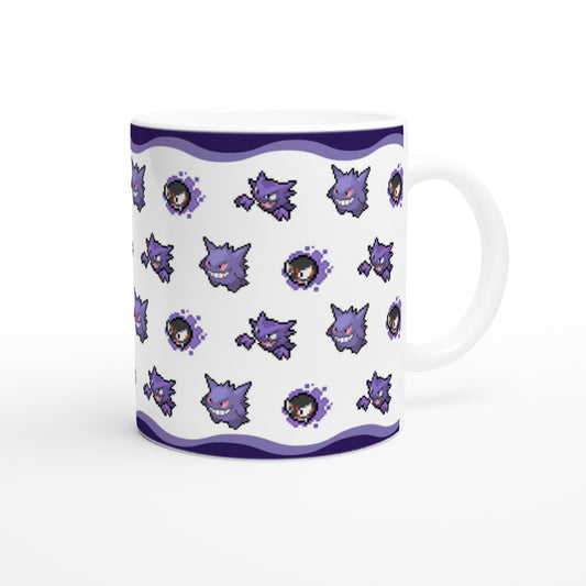 White mug featuring a spooky pixel art design of Gengar, Haunter, and Gastly from Pokémon, with a purple ghostly border.