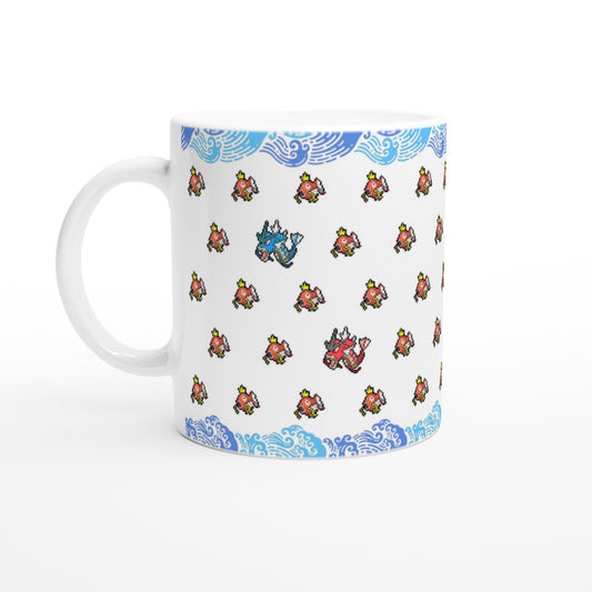 White Pokémon mug featuring pixel art of Magikarp and Gyarados, also a shiny Gyarados in vibrant colors with a blue wave border, perfect for Pokémon fans.