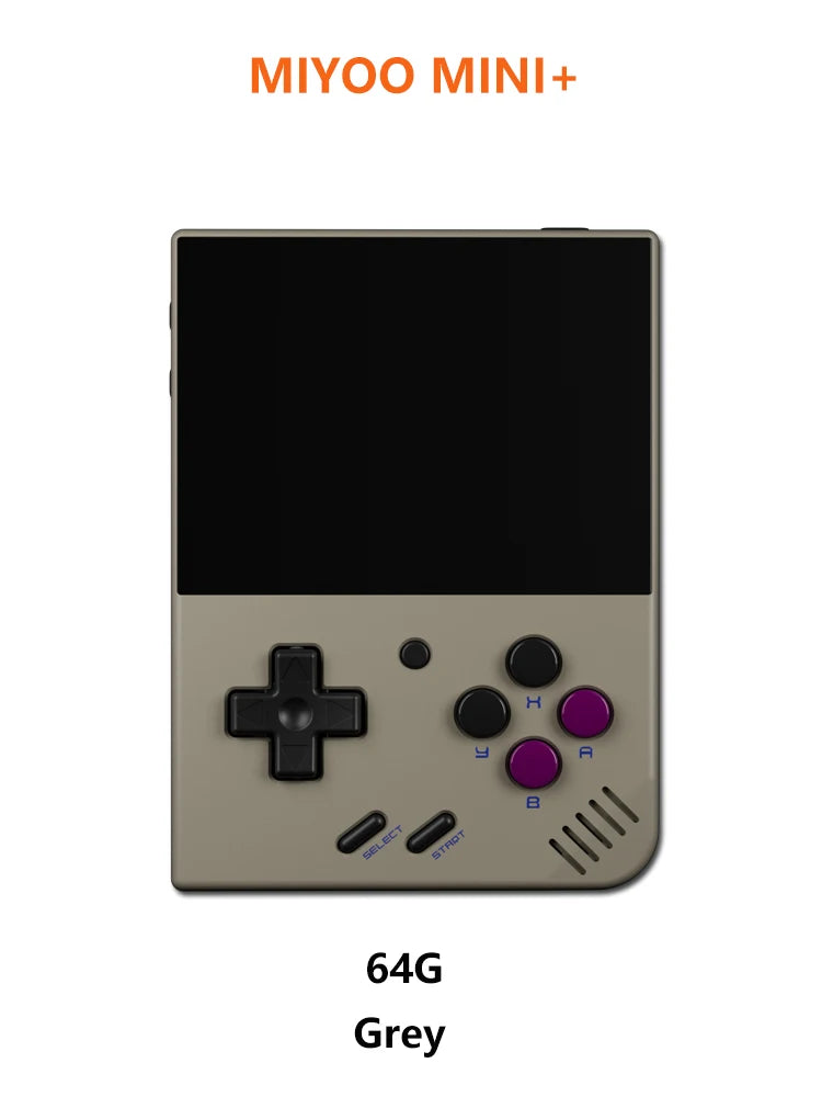 Miyoo Mini+ handheld gaming console in 64G grey, showcasing a modern design with purple gaming buttons.