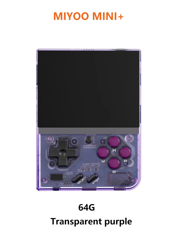 Miyoo Mini+ handheld gaming console in 64G transparent purple, with a stylish translucent finish and vibrant purple buttons.