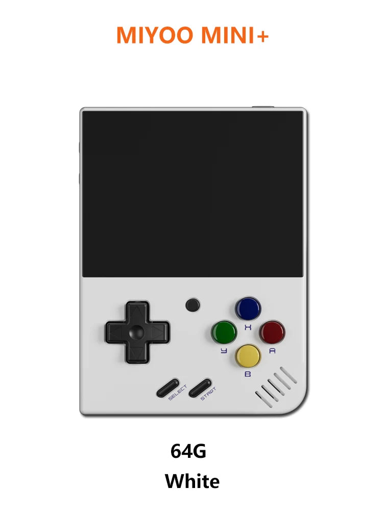 Miyoo Mini+ handheld gaming console in 64G white, featuring colorful buttons and a clean, modern design.