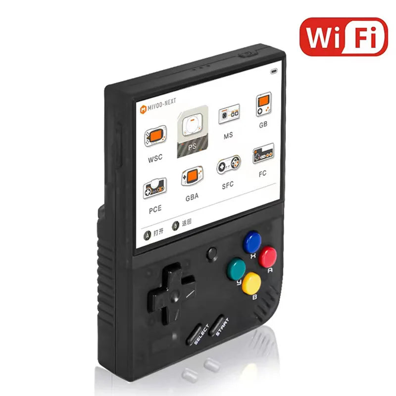 Miyoo Mini+ handheld gaming console in black with WiFi connectivity, displaying retro gaming menu featuring classic game systems like GBA, SFC, and PlayStation.