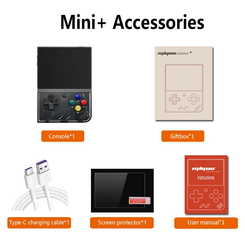 Complete Miyoo Mini+ handheld gaming console package with accessories, including the console, gift box, Type-C charging cable, screen protector, and user manual, ideal for retro gaming enthusiasts.