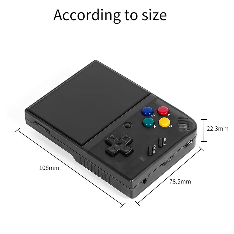 Dimensions of the Miyoo Mini+ handheld gaming console, measuring 108mm x 78.5mm x 22.3mm, showcasing its compact and portable design for retro gaming.