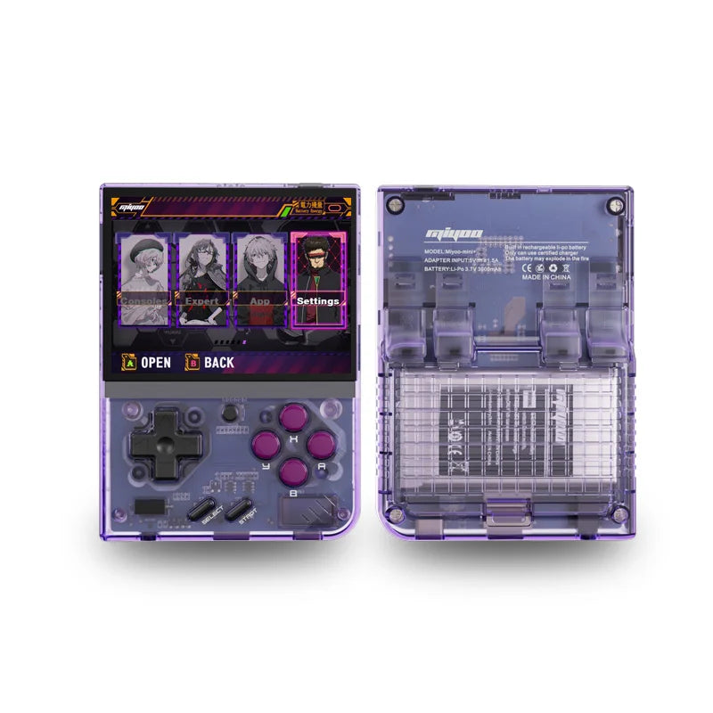 Purple Miyoo Mini+ handheld gaming console with a translucent design, featuring a vibrant interface and both front and back views.