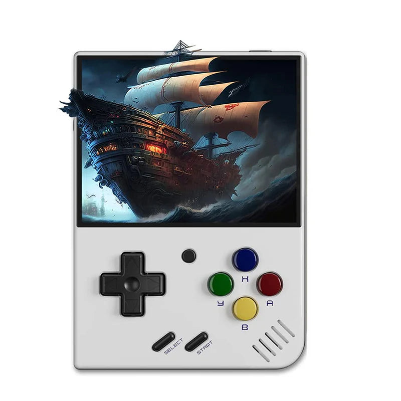 White Miyoo Mini+ handheld gaming console with colorful buttons, displaying a dynamic game scene featuring a pirate ship.